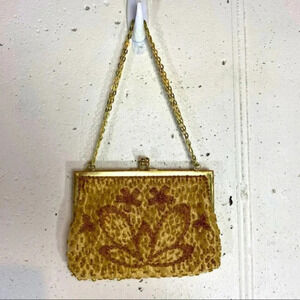 Fine‎ Arts Bag Vtg gold beaded 8”x5” evening bag